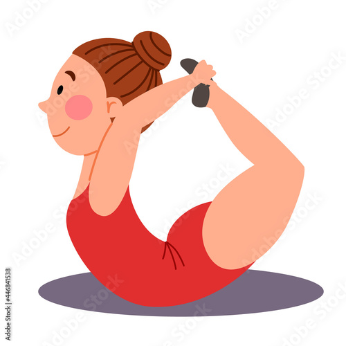 Childrenes sports gymnastics. The girl is lying on his stomach, his hands clinging to his legs. Exercises for the back. Vector illustration in a flat style on a white isolated background.