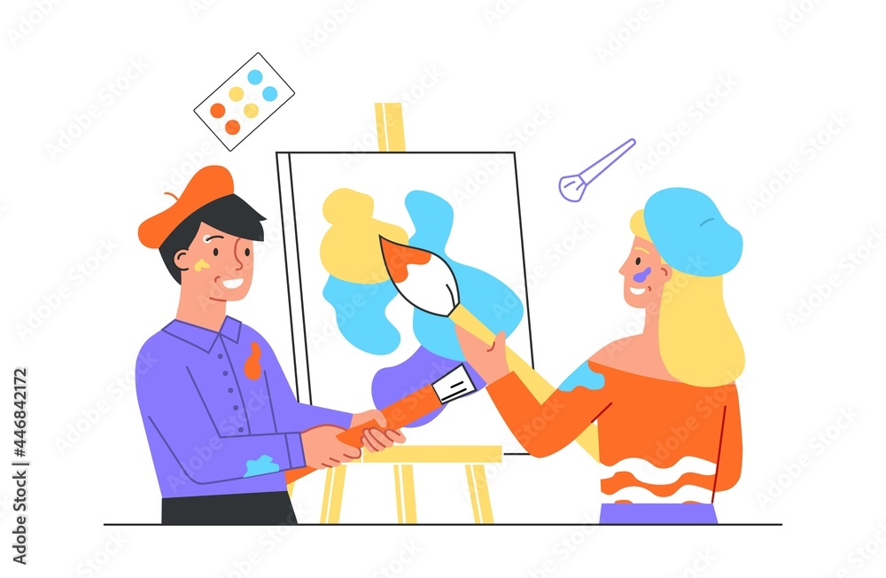Art workshop concept. Man and woman paint a picture with paints. Professional artist teaches a student. Character, canvas and brush. Cartoon flat vector illustration isolated on a white background Art workshop concept. Man and woman paint a picture with paints. Professional artist teaches a student. Character, canvas and brush. Cartoon flat vector illustration isolated on a white background