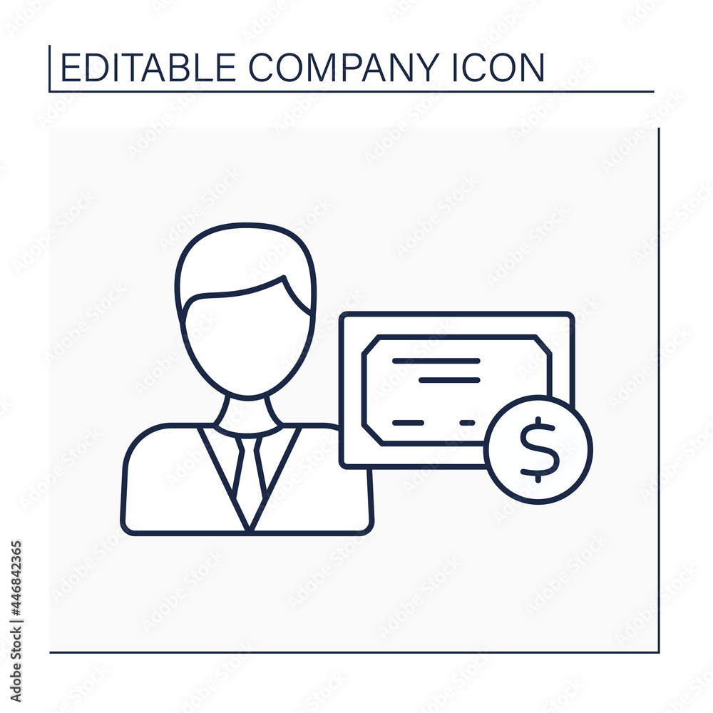 Shareholder line icon. Person owns minimum one share of company stock. Accepted certificate. Company concept. Isolated vector illustration. Editable stroke Shareholder line icon. Person owns minimum one share of company stock. Accepted certificate. Company concept. Isolated vector illustration. Editable stroke