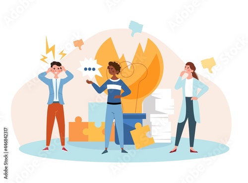 Bad idea concept. Businessmen failed the project and came up with a bad solution to the problem. Man and woman are confused, a broken light bulb. Cartoon flat vector illustration on a white background
