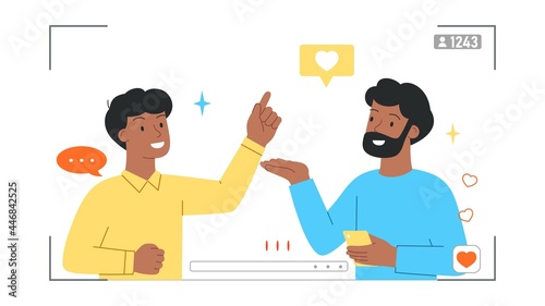 Popular blogger concept. Two bloggers make joint content for their audience. Celebrities answer questions live on the air. Cartoon modern flat vector illustration isolated on a white background