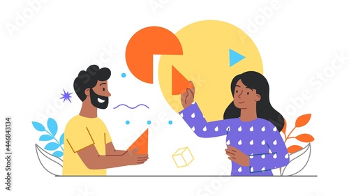 Digital Transformation concept. Man and a woman are holding pieces of a diagram in their hands. Artificial intelligence and big data. Cartoon flat vector illustration isolated on a white background