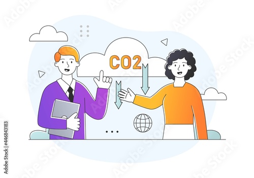 Dioxide emissions concept. Scientists report on a global environmental problem. The greenhouse effect. Environmental pollution. Cartoon modern flat vector illustration isolated on a white background
