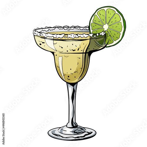 Margarita cocktail, hand drawn alcohol drink with slice of lime and salt. Vector illustration