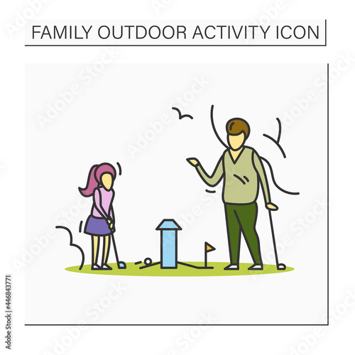 Miniature golf color icon. Father and daughter playing mini golf game in park. Summer outdoor activity for happy family concept. Parents and kids. Isolated vector illustration