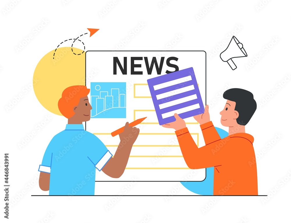 News updating concept. Men create a news newspaper, insert relevant information, articles and pictures. Information page on the website. Cartoon flat vector illustration isolated on a white background News updating concept. Men create a news newspaper, insert relevant information, articles and pictures. Information page on the website. Cartoon flat vector illustration isolated on a white background