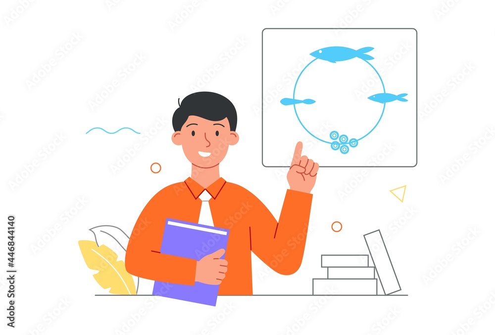 Profession of an oceanographer concept. Man points to a diagram with the stages of fish life. Professional studies flora and fauna of the ocean. Cartoon flat vector illustration on a white background