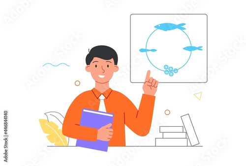 Profession of an oceanographer concept. Man points to a diagram with the stages of fish life. Professional studies flora and fauna of the ocean. Cartoon flat vector illustration on a white background