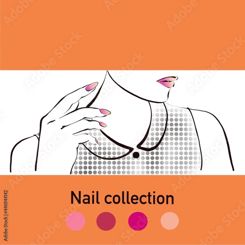 The girl's hand is manicured, the nails are covered with pink and orange gel varnish. The concept of choosing gel nail polishes of different colors with a copy of the space.