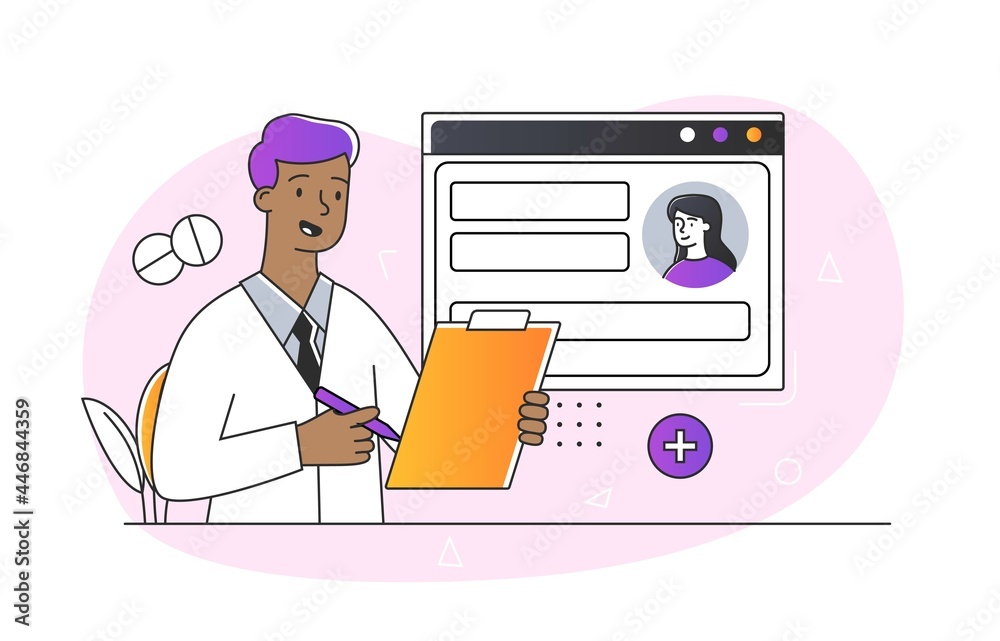Patient electronic chart concept. Therapist makes notes in the patient s medical record. Modern technologies in medicine. Cartoon doodle flat vector illustration isolated on a white background - obrazy, fototapety, plakaty 