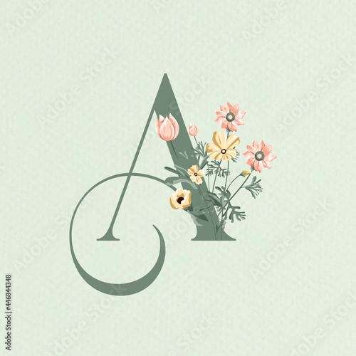 Elegant flower illustrated logo using letter A, women, decoration, boutique, luxury, rose, yellow, flowers