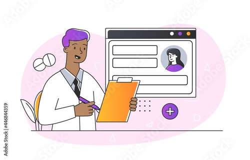 Patient electronic chart concept. Therapist makes notes in the patient s medical record. Modern technologies in medicine. Cartoon doodle flat vector illustration isolated on a white background