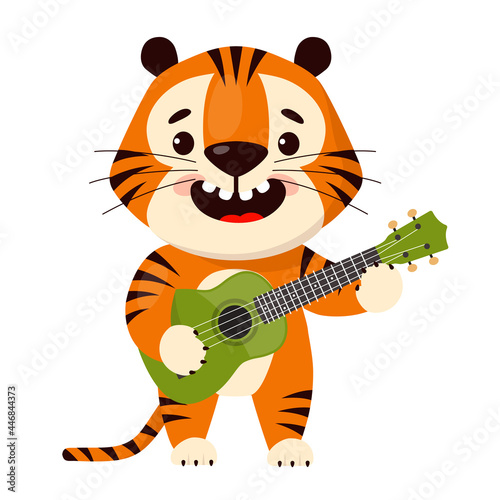 Fototapeta Naklejka Na Ścianę i Meble -  Cute cartoon smiling tiger plays the ukulele guitar. Symbol of 2022, year of the tiger. Vector illustration isolated on white background