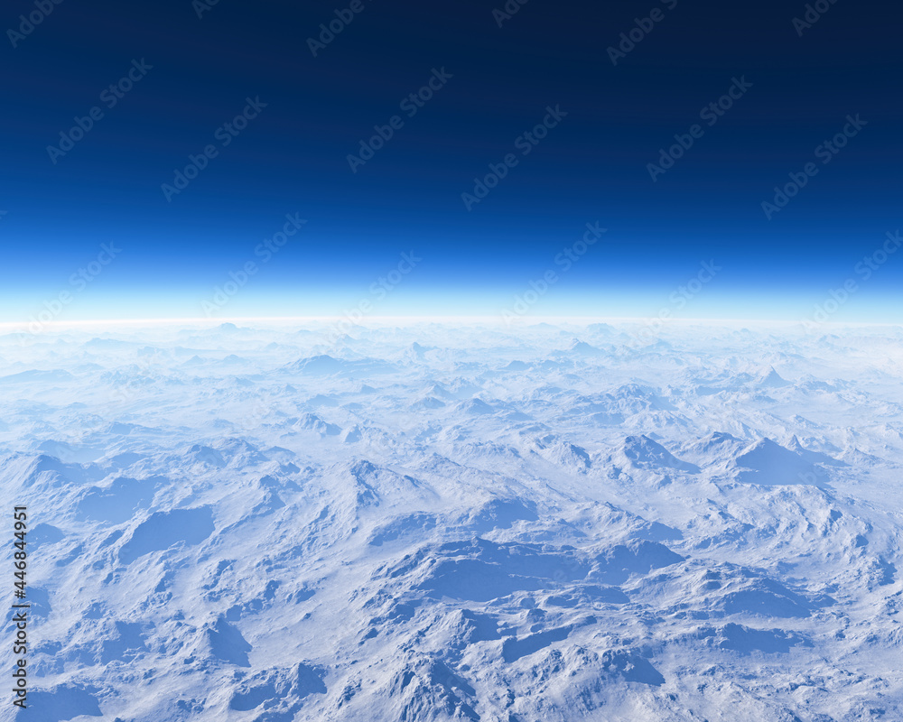 Satellite view, atmosphere and ozone layer. Climate changes. Ozone hole. Sun protection. Layers of the atmosphere. 3d rendering 
