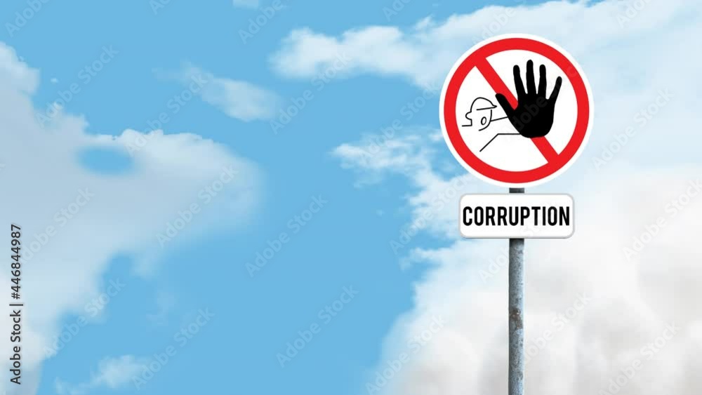 Signboard post with stop corruption text against clouds in the blue sky Signboard post with stop corruption text against clouds in the blue sky