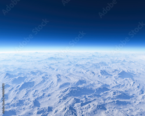 Satellite view, atmosphere and ozone layer. Climate changes. Ozone hole. Sun protection. Layers of the atmosphere. 3d rendering 
