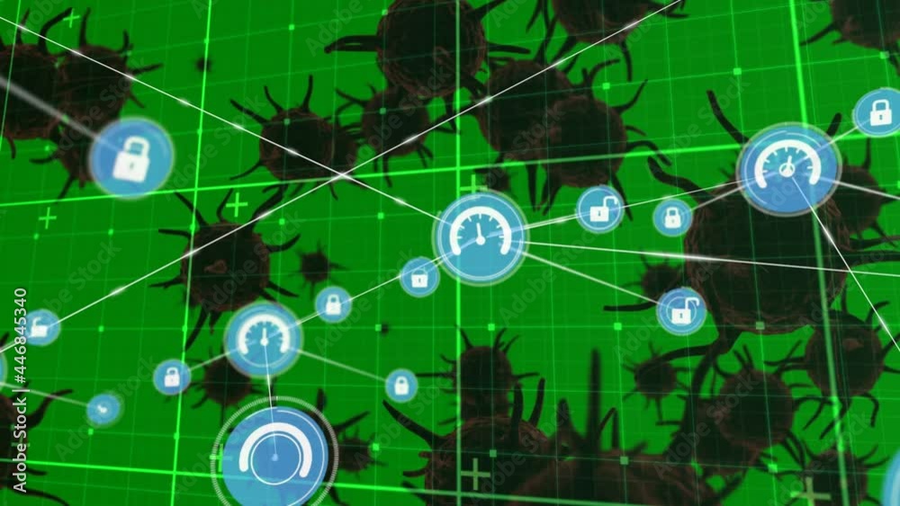 Network of digital icons over grid network against multiple covid-19 cells on green background Network of digital icons over grid network against multiple covid-19 cells on green background
