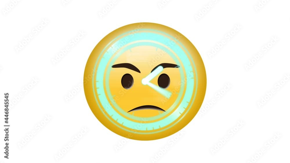 Digital animation of neon digital clock ticking over angry face emoji against white background Digital animation of neon digital clock ticking over angry face emoji against white background
