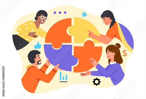 Effective teamwork concept. Men and women hold the puzzle piece in their hands and connect them. Metaphor for creating and developing a business. Cartoon flat vector illustration on a white background