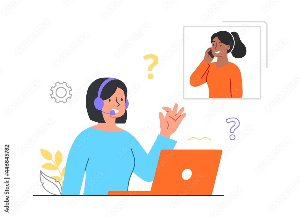 Technical support concept. Female hotline operator, customer support call center and online advice service. Answer to frequently asked questions. Cartoon flat vector illustration on a white background