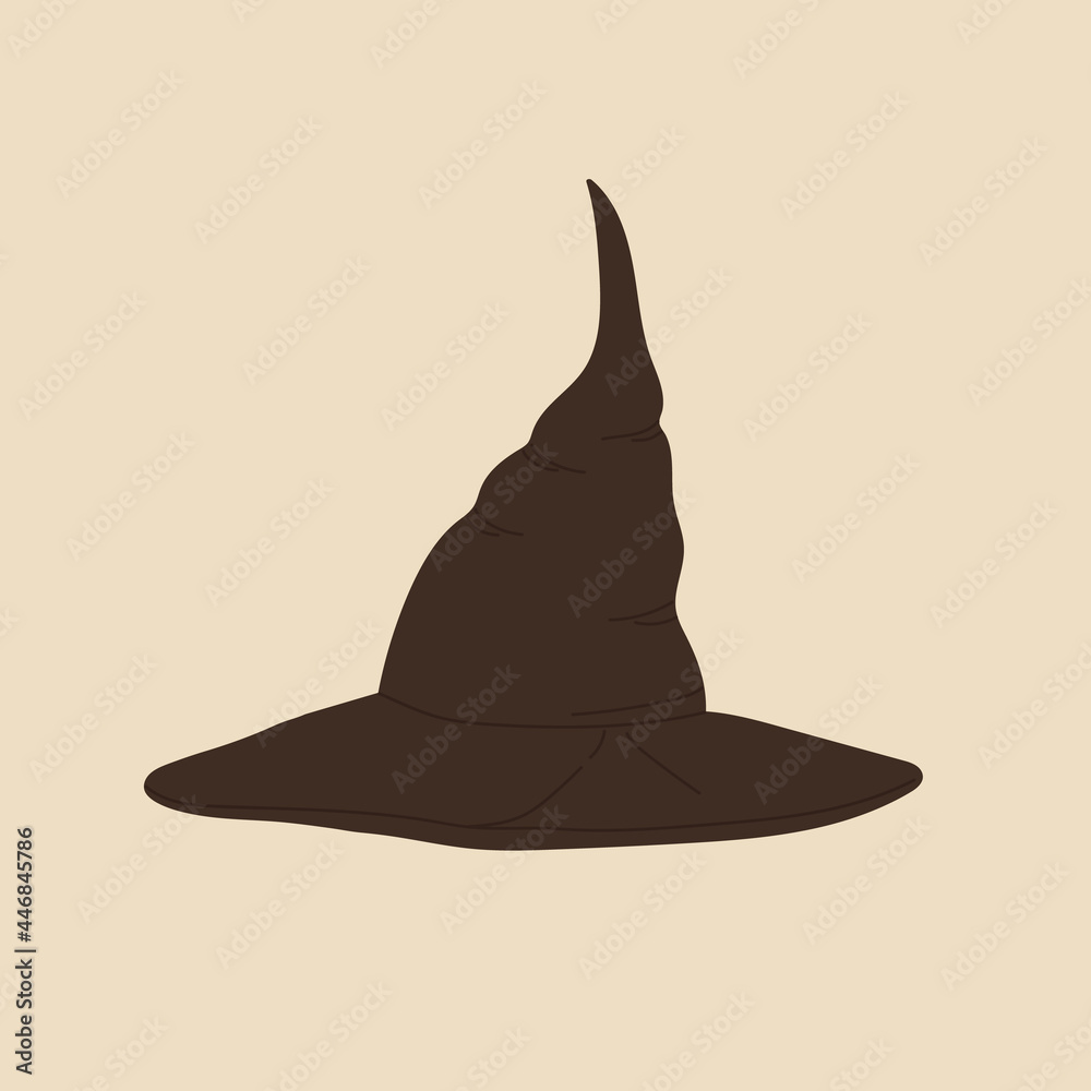 Fototapeta premium Brown old witch hat. Witchcraft attribute concept. Halloween decorative element. Vector illustration in cartoon style. Isolated on yellow background.