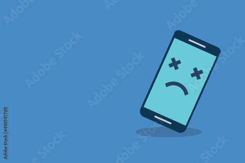 Broken smartphone with sad smile. Broken phone service, recovery and repair concept, symbol top view copyspace.