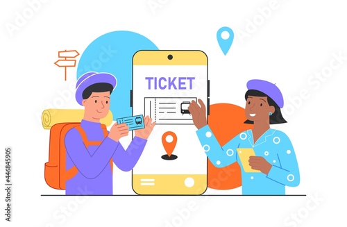 Train ticket concept. Traveler man buying, booking train ticket online using smartphone. Conductor checks the pass to the vehicle. Cartoon flat vector illustration isolated on a white background