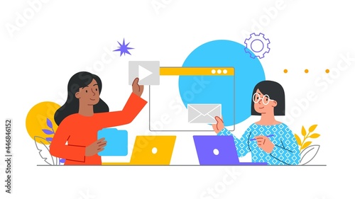 Web content management concept. Women fill the pages of the site with popular information. Professional managers of social networks. Cartoon flat vector illustration isolated on a white background