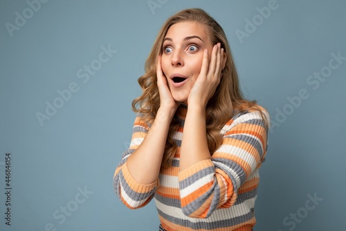 Are you serious? Closeup photo of beautiful attractive shocked amazed surprised young woman with open mouth wearing casual clothes isolated over colourful background with empty space