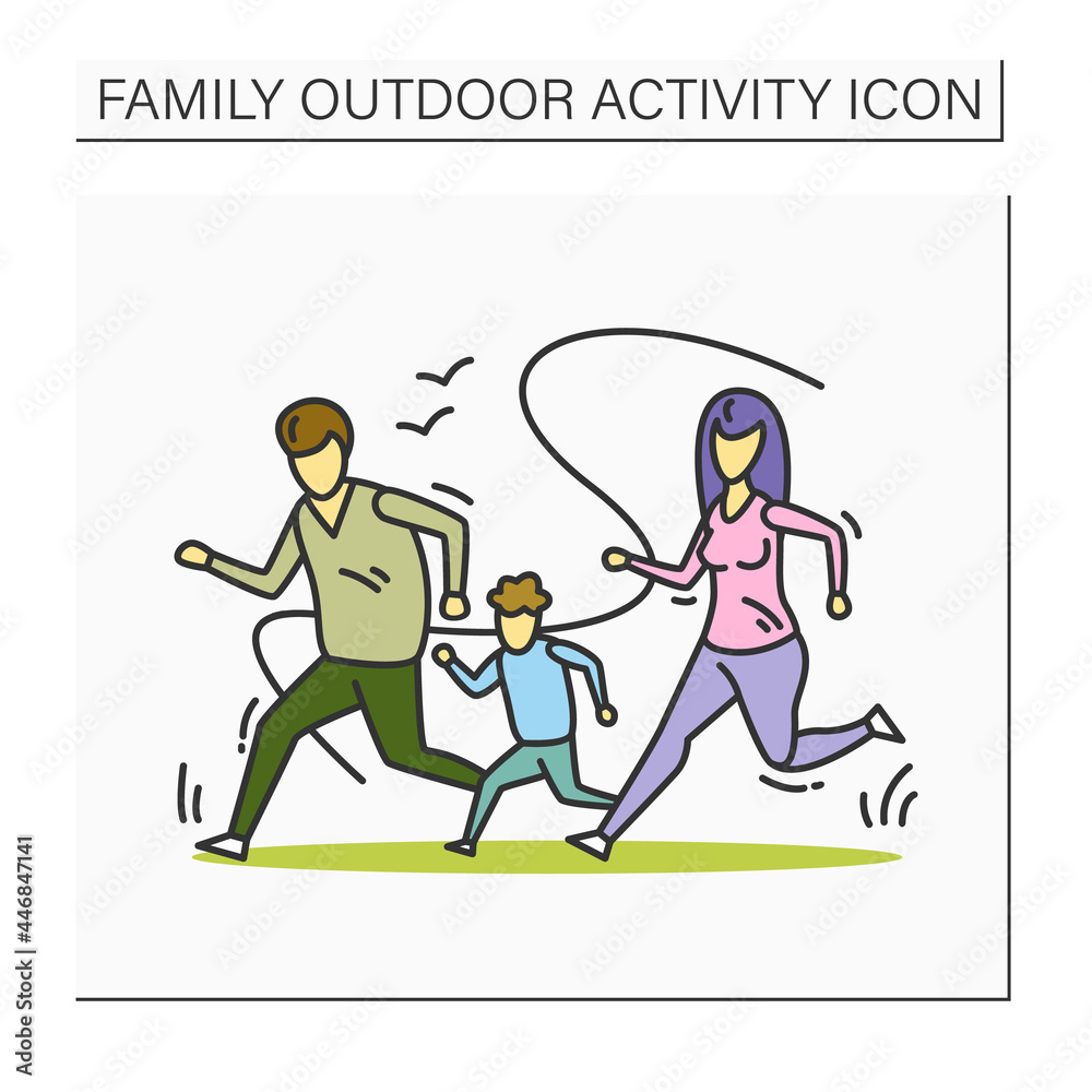 Obraz premium Family running color icon. Family marathon. Parents and kid exercise outdoors. Mother, father and offspring activity concept. Healthy lifestyle. Isolated vector illustration