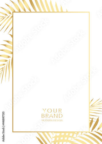 Tropical cover design set with palm branch and golden leaf on background. Holiday black and gold exotic pattern for vector business, sale, wedding card, luxury menu template, summer holiday poster.