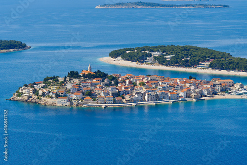 Primosten Croatia traditional village on the coast of adriatic sea, aerial view
