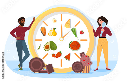 Eating time concept. Characters eat by the hour to maintain the balance of nutrients in the body. Physiological mechanism of hunger. Cartoon flat vector illustration isolated on a white background