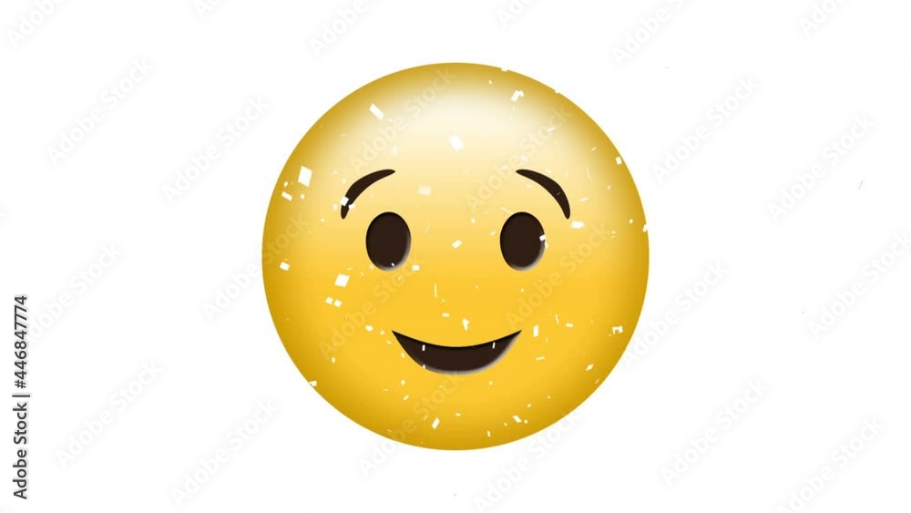 Animation of smile emoji icon over falling confetti on white background Animation of smile emoji icon over falling confetti on white background