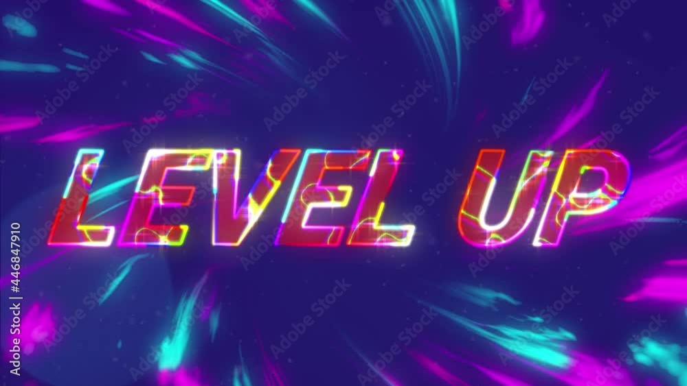 Animation of level up text over blue and purple lights and on blue background Animation of level up text over blue and purple lights and on blue background