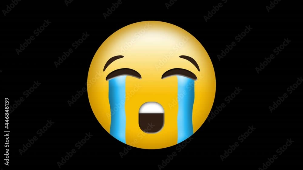 Digital animation of decorative designs over crying face emoji against black background Digital animation of decorative designs over crying face emoji against black background