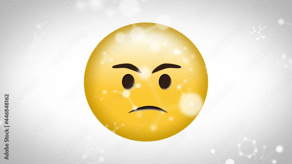 Digital animation of molecular structures floating over angry face emoji against grey background Digital animation of molecular structures floating over angry face emoji against grey background