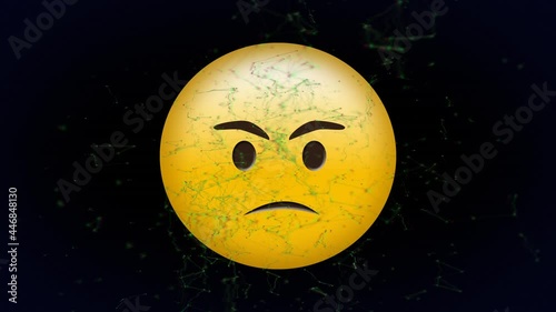 Digital animation of network of connections over angry face emoji against black background photo