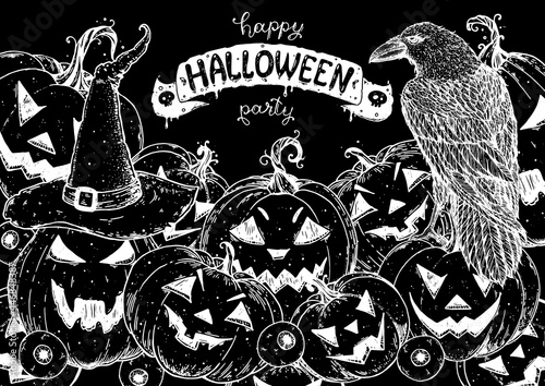 Halloween design template. Hand drawn invitation. Pumpkins and raven sketch. Vector illustration with Halloween symbols. Engraved style. Autumn holidays