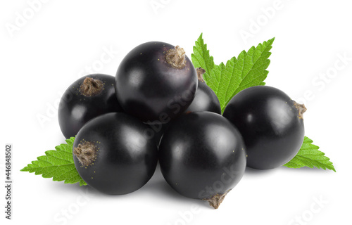 Ripe black currant with green leaf isolated on white background. Fresh juicy berries.