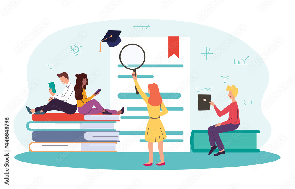 Mistakes in Paper Test concept. Characters with a magnifying glass correct errors in a text document. Students read books. Cartoon modern flat vector illustration isolated on a white background Mistakes in Paper Test concept. Characters with a magnifying glass correct errors in a text document. Students read books. Cartoon modern flat vector illustration isolated on a white background