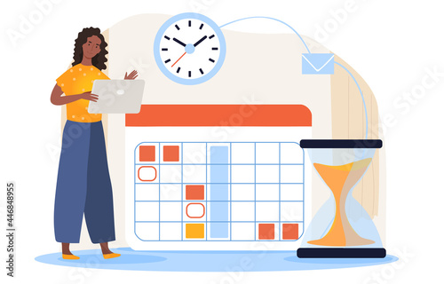 Planning day concept. Business woman holds an electronic calendar in her hands and enters events into it. Time management for meeting deadlines. Cartoon flat vector illustration on a white background