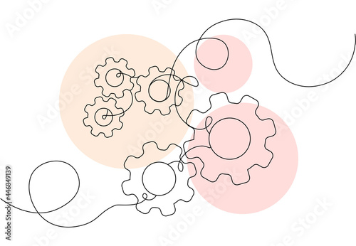One continuous line of moving gears wheels. Round wheel metal symbol company logotype template for business teamwork concept. Flat vector line art illustration isolated on a white background