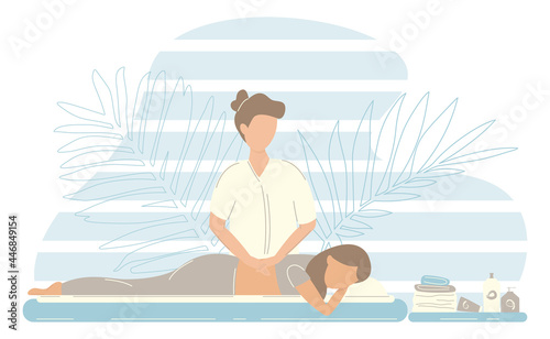 Masseur concept. Spa treatment in the beauty salon. Back treatment. The girl on the massage table. Vector illustration
