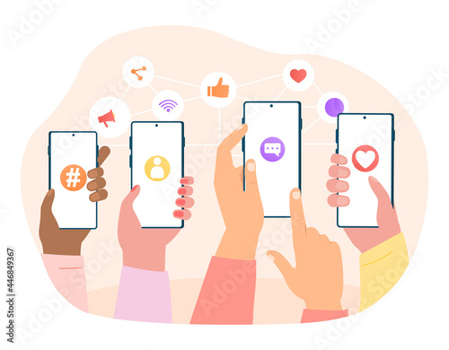 Use smartphones concept. Young people surfing in social media. Comment, write, rate. Female and male characters talking in mobile app. Cartoon flat vector illustration isolated on a white background