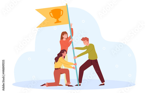 Teamwork and goal achievement concept. Colleagues together hold flag with trophy. Metaphor for achieving success and receiving a reward. Cartoon flat vector illustration on a white background