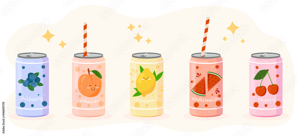 Various tasty Sodas concept. Carbonated water with different fruit ...