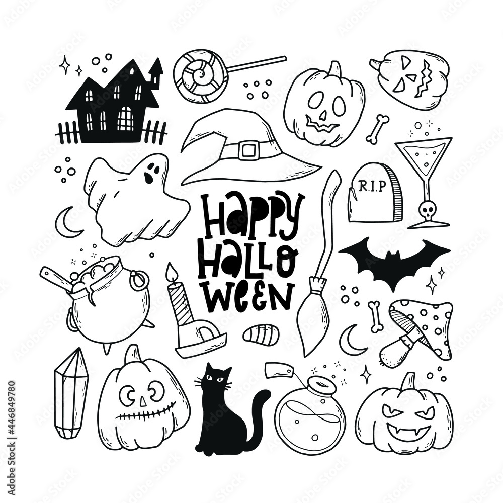 set of Halloween hand drawn doodles isolated on white background. Good for coloring pages, sheets, prints, stickers, planners, cards, etc. EPS 10