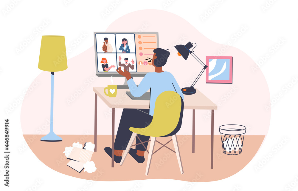 Working from home concept. Man sits at computer and communicates with his colleagues via video link. Remote work or freelance. Cartoon modern flat vector illustration isolated on a white background