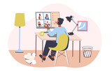 Working from home concept. Man sits at computer and communicates with his colleagues via video link. Remote work or freelance. Cartoon modern flat vector illustration isolated on a white background